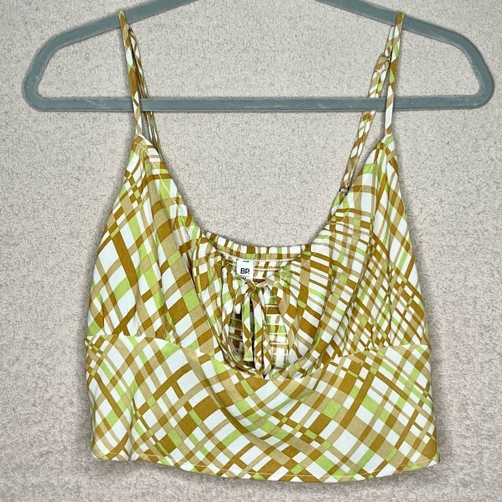 BP Nordstrom Cropped Tie Front Tank Top-Women’s M-Green/Brown/White-Casual-Cute